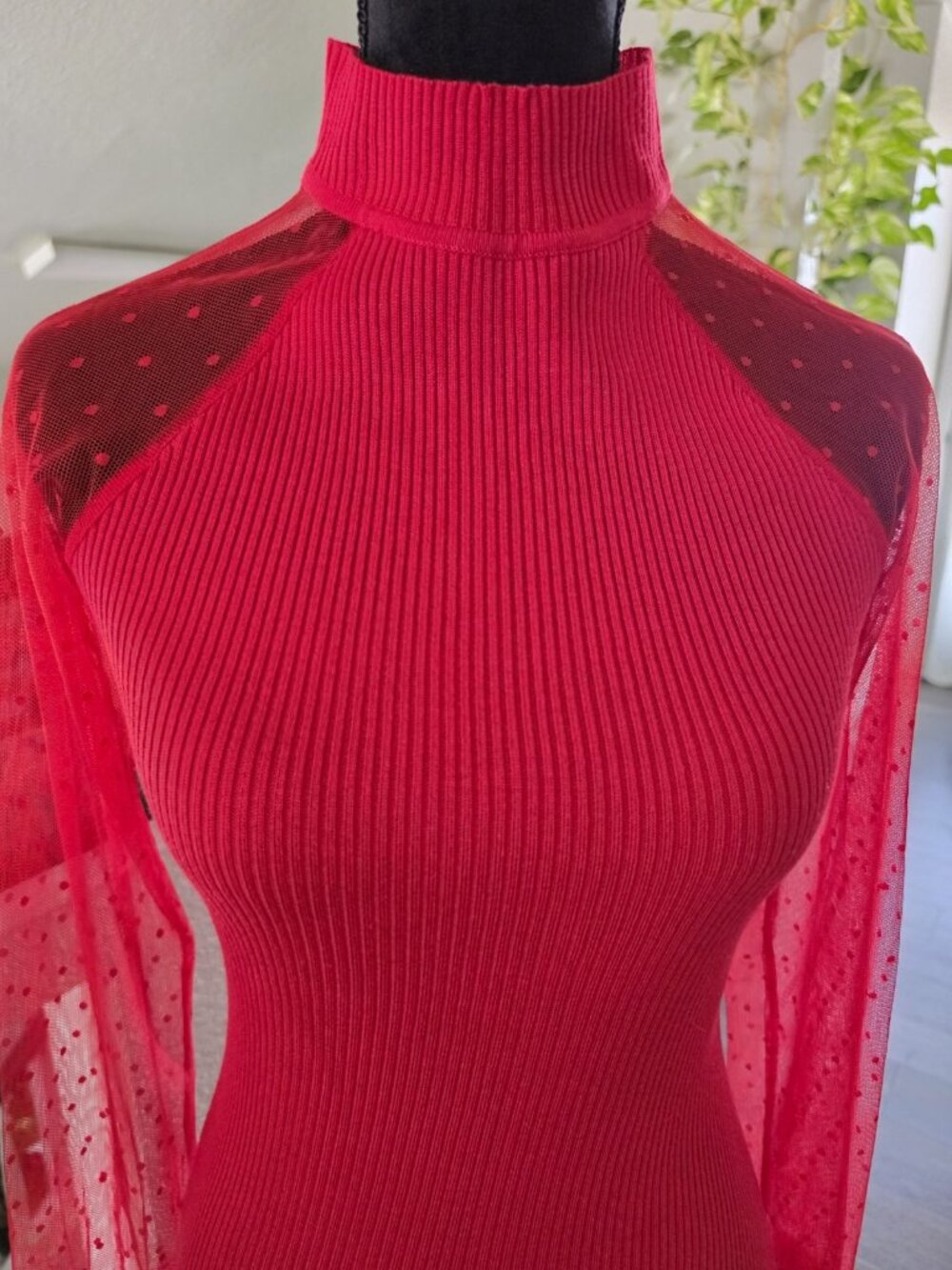 ALMOST FAMOUS  Red Ribbed Knit Turtleneck Sheer Sleeve Bodycon Dress Size S - Picture 10 of 11